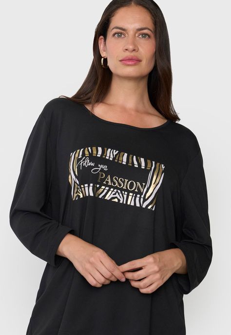 Polera Mujer Manga 3/4 Focal Print Negro Corona-2
