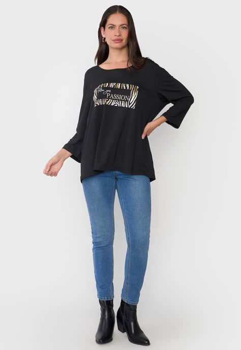 Polera Mujer Manga 3/4 Focal Print Negro Corona-3