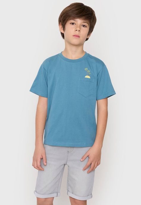 Polera Niño Kids Mc Bolsillo Print Turquesa Corona-0