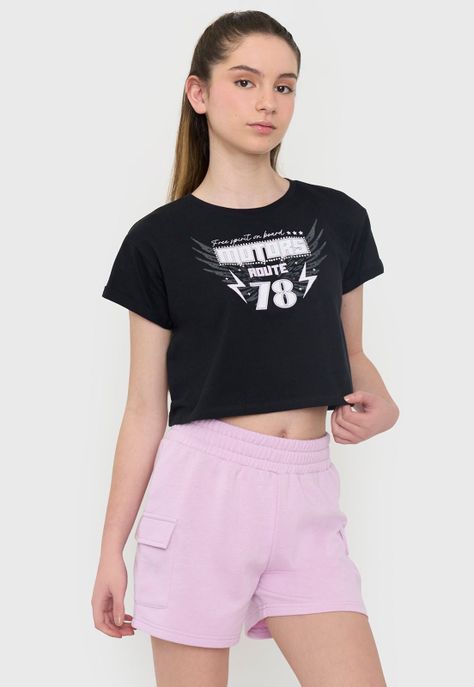 Polera Niña Teen Manga Corta Fun Negro Corona-0