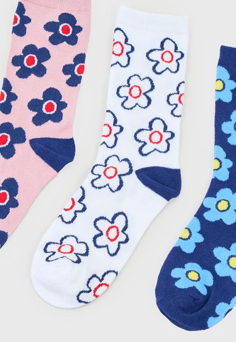 Calcetines Mujer Tripack Largos Mix Flores Azul Corona-3
