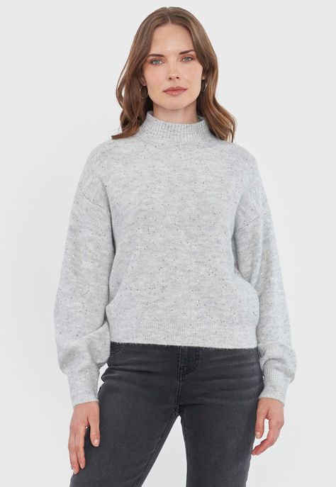 Sweater Mujer Lentejuelas Gris Claro Corona-0