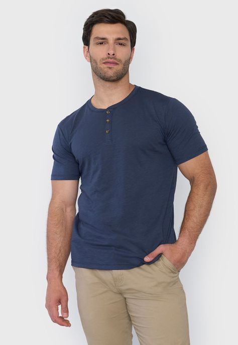 Polera Hombre Henley Slub Azul Corona-0
