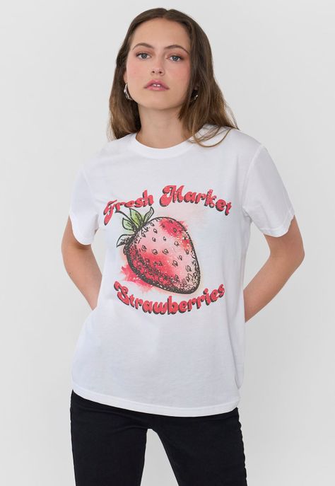 Polera Mujer Fun Regular Print Frutilla Blanco Corona-0