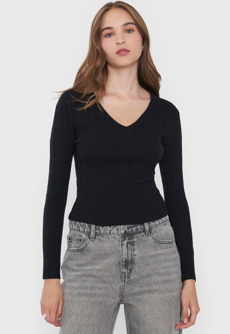 Sweater Mujer Cuello V Slim Color Negro Corona-0