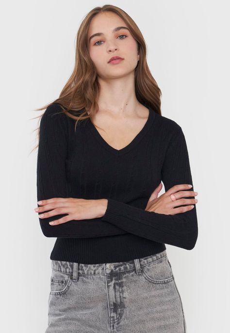 Sweater Mujer Cuello V Slim Color Negro Corona-2