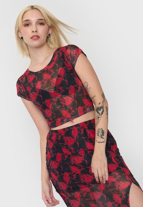 Polera Mujer Malla Manga Corta Rojo Corona-0