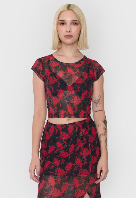 Polera Mujer Malla Manga Corta Rojo Corona-1