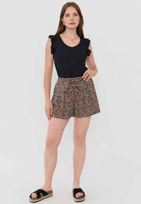 Short Mujer Fluido Cinturón Animal Print Café Corona-0