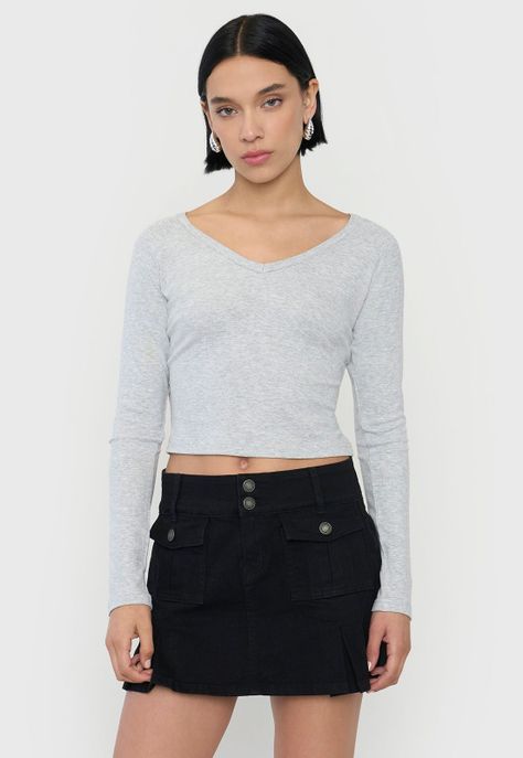 Polera Mujer M/L Cuello V Gris Melange Corona-0