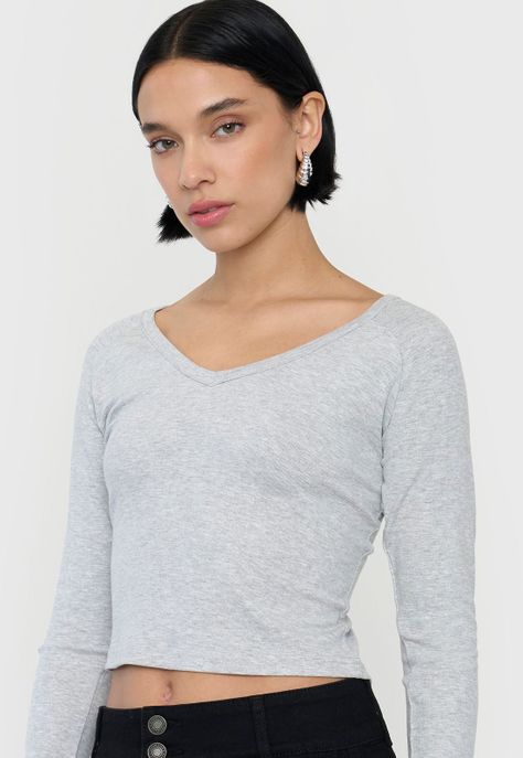 Polera Mujer M/L Cuello V Gris Melange Corona-2