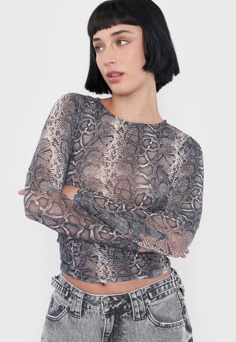 Polera Mujer Malla Manga Larga Print Pitón Negro Corona-2