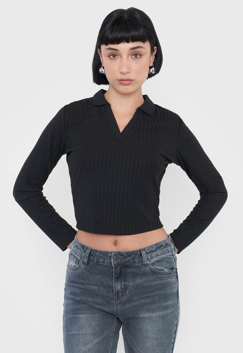 Polera Muje Manga Larga Cuello Polo Negro Corona-0