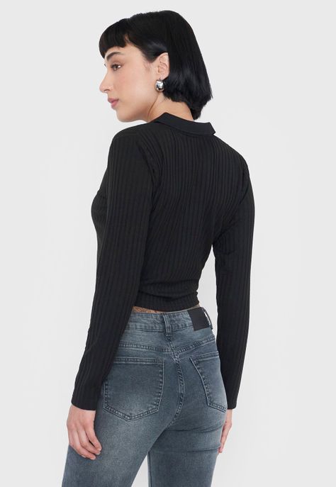 Polera Muje Manga Larga Cuello Polo Negro Corona-1