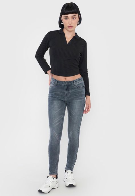 Polera Muje Manga Larga Cuello Polo Negro Corona-3