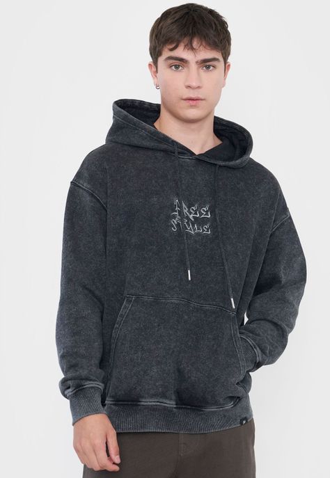 Polerón Hombre Acid Wash Bordado Negro Corona-2