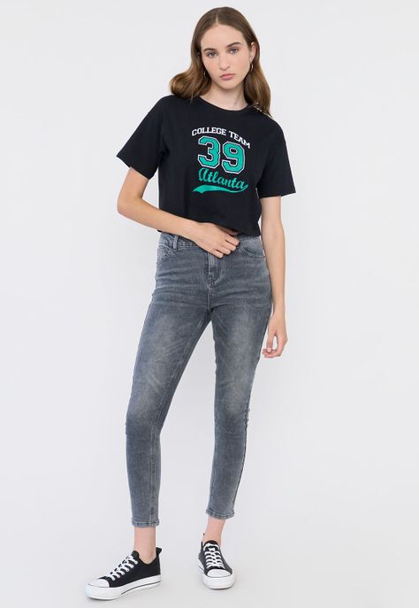 Polera Mujer Fun Manga Corta Crop Color Negro Corona-3