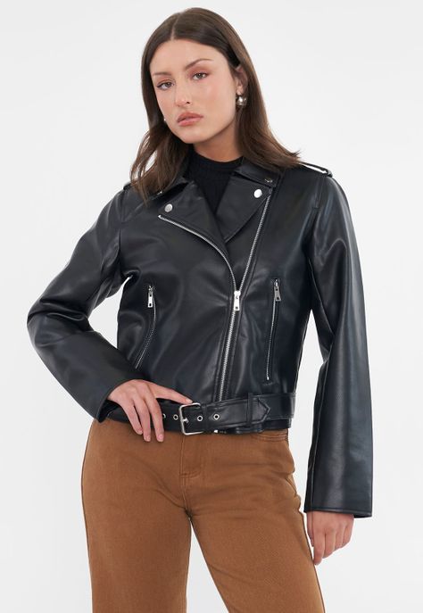 Chaqueta Mujer Biker Ecocuero Negro Corona-1