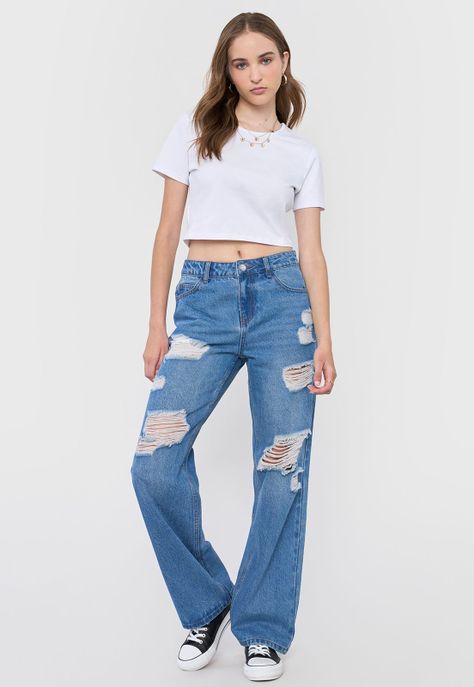 Jeans Mujer Straight Fit Full Roturas Azul Medio Corona-0