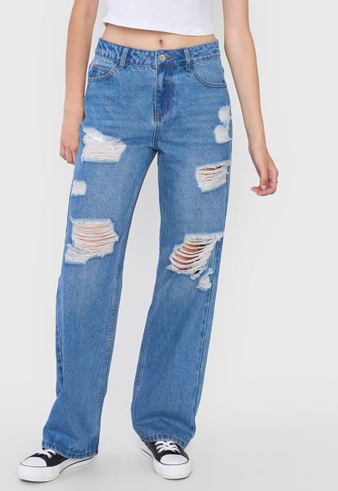 Jeans Mujer Straight Fit Full Roturas Azul Medio Corona-1