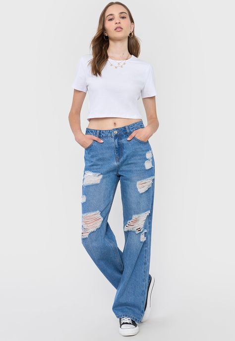 Jeans Mujer Straight Fit Full Roturas Azul Medio Corona-3