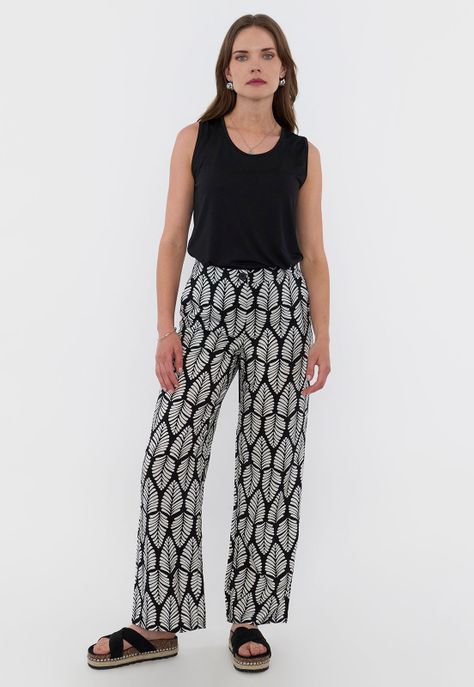 Pantalón Mujer Fluido Botón Print Étnico Negro Corona-0