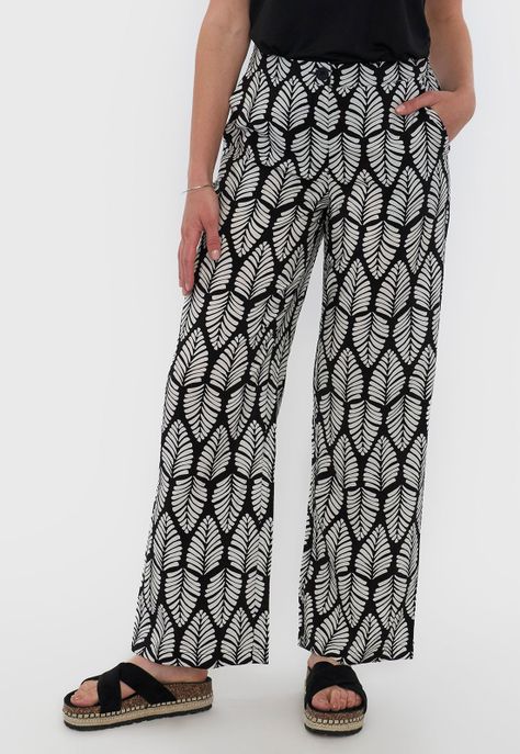 Pantalón Mujer Fluido Botón Print Étnico Negro Corona-1