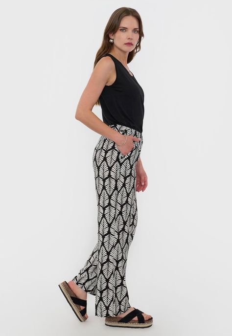 Pantalón Mujer Fluido Botón Print Étnico Negro Corona-3