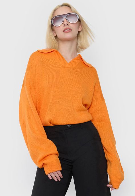 Sweater Mujer Cuello Polo Bicolor Naranjo Corona-0