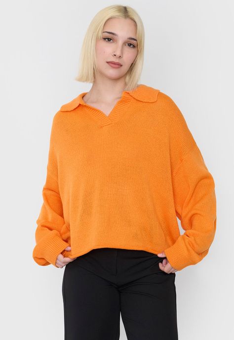 Sweater Mujer Cuello Polo Bicolor Naranjo Corona-1