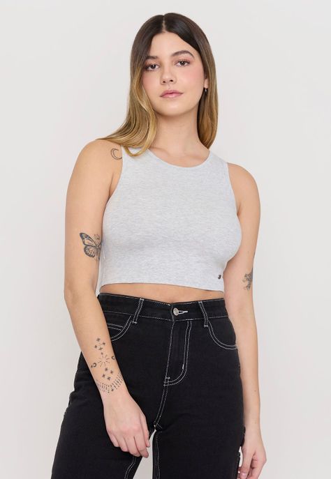 Polera Mujer Sin Mangas Crop Gris Melange Corona-0