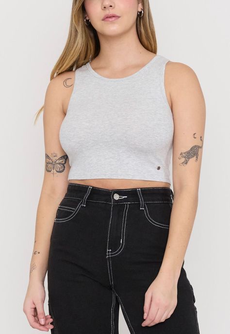 Polera Mujer Sin Mangas Crop Gris Melange Corona-2