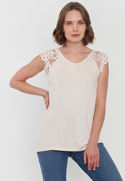 Polera Mujer Hombros Macramé Ecru Corona-0