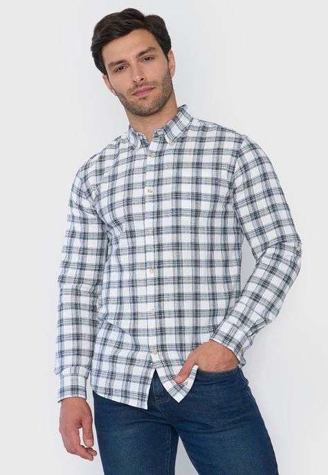 Camisa Hombre Check Textura Azul Corona-0