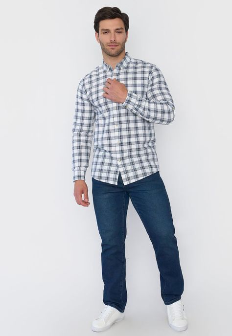 Camisa Hombre Check Textura Azul Corona-3