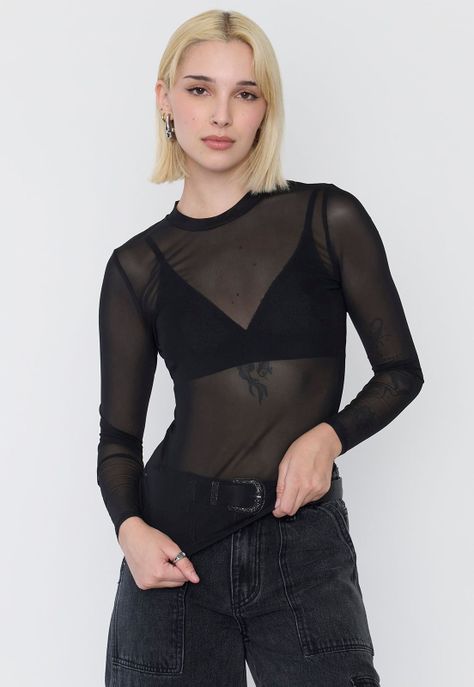 Polera Mujer Malla Manga Larga Negro Corona-0