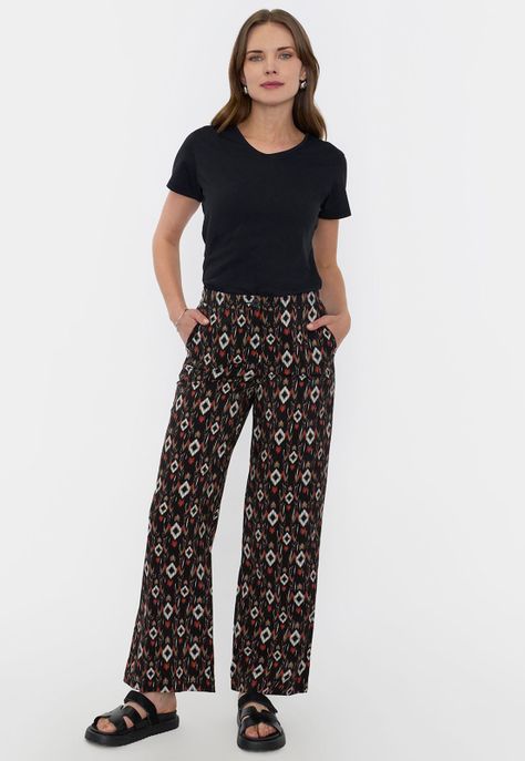 Pantalón Negro Mujer Fluido Botón Print Étnico Corona-0