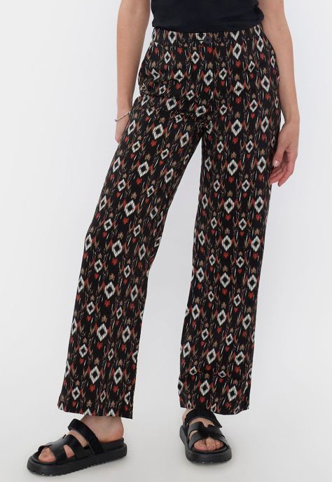 Pantalón Negro Mujer Fluido Botón Print Étnico Corona-1