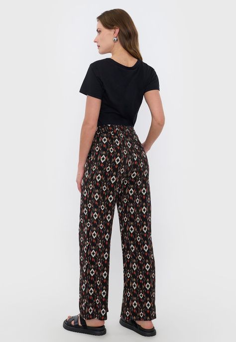 Pantalón Negro Mujer Fluido Botón Print Étnico Corona-2