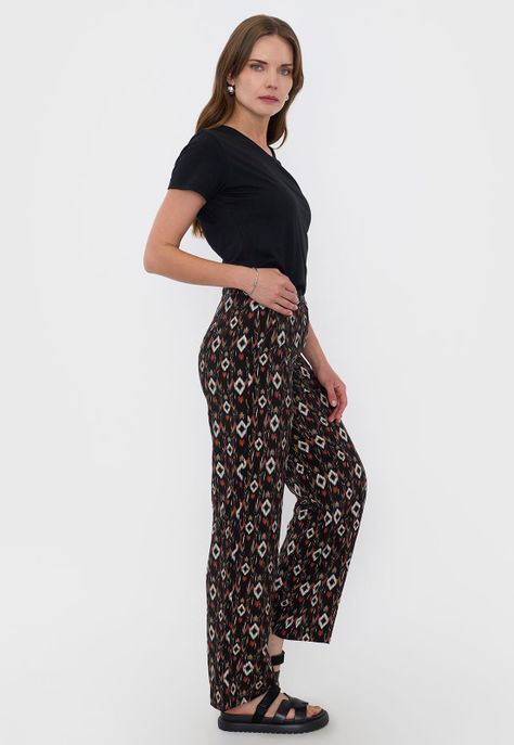 Pantalón Negro Mujer Fluido Botón Print Étnico Corona-3