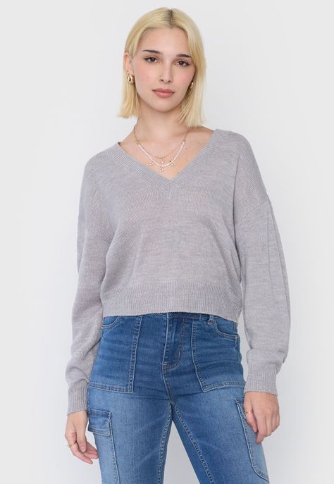 Sweater Mujer Cuello V Gris Corona-0