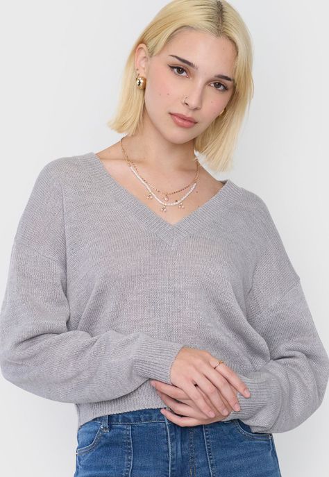 Sweater Mujer Cuello V Gris Corona-2