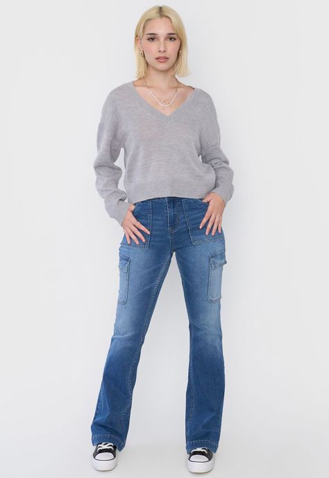 Sweater Mujer Cuello V Gris Corona-3