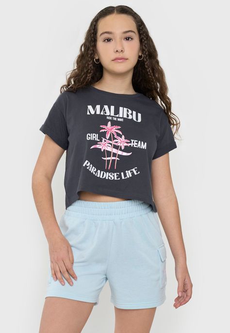 Polera Niña Teen Manga Corta Fun Gris Oscuro Corona-0