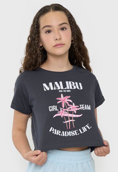 Polera Niña Teen Manga Corta Fun Gris Oscuro Corona-2