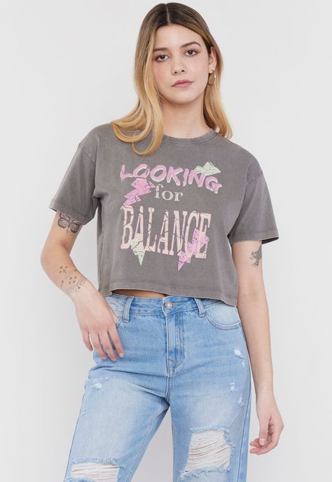 Polera Mujer Fun Manga Corta Crop Gris Corona-0