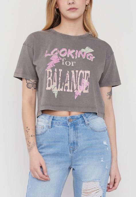 Polera Mujer Fun Manga Corta Crop Gris Corona-2