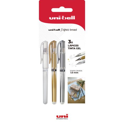 Lápices Gel Uniball Signo broad BC x3 blanco/dorado/plateado-0