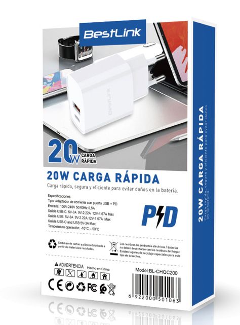 Cargador USB C Carga Rápida 20W certificado SEC-2