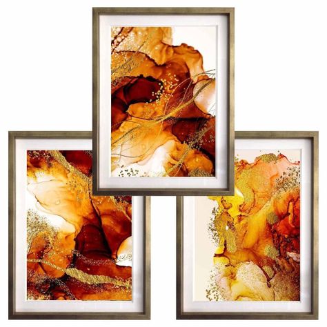 Set 3 Abstracto Rojo Y Naranjo 40X50 Marco Dorado-0